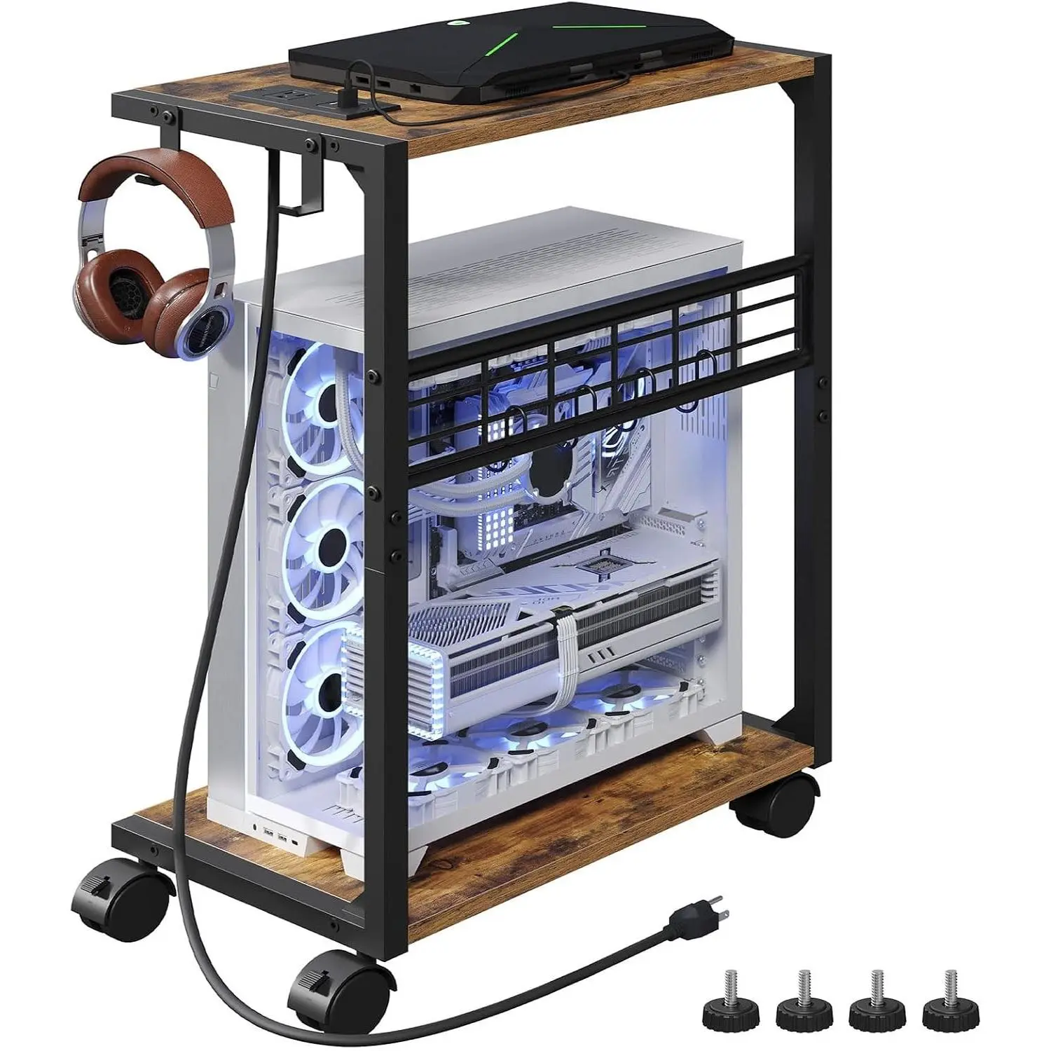 PC Stand, Computer Tower Stand with Charging Station, 16.9"W x 11.4"D x 27.6"H, Rolling Computer Cart with Hooks, CPU Holder for Carpet, Floor and Under Desk, Easy Assembly, Rustic Brown