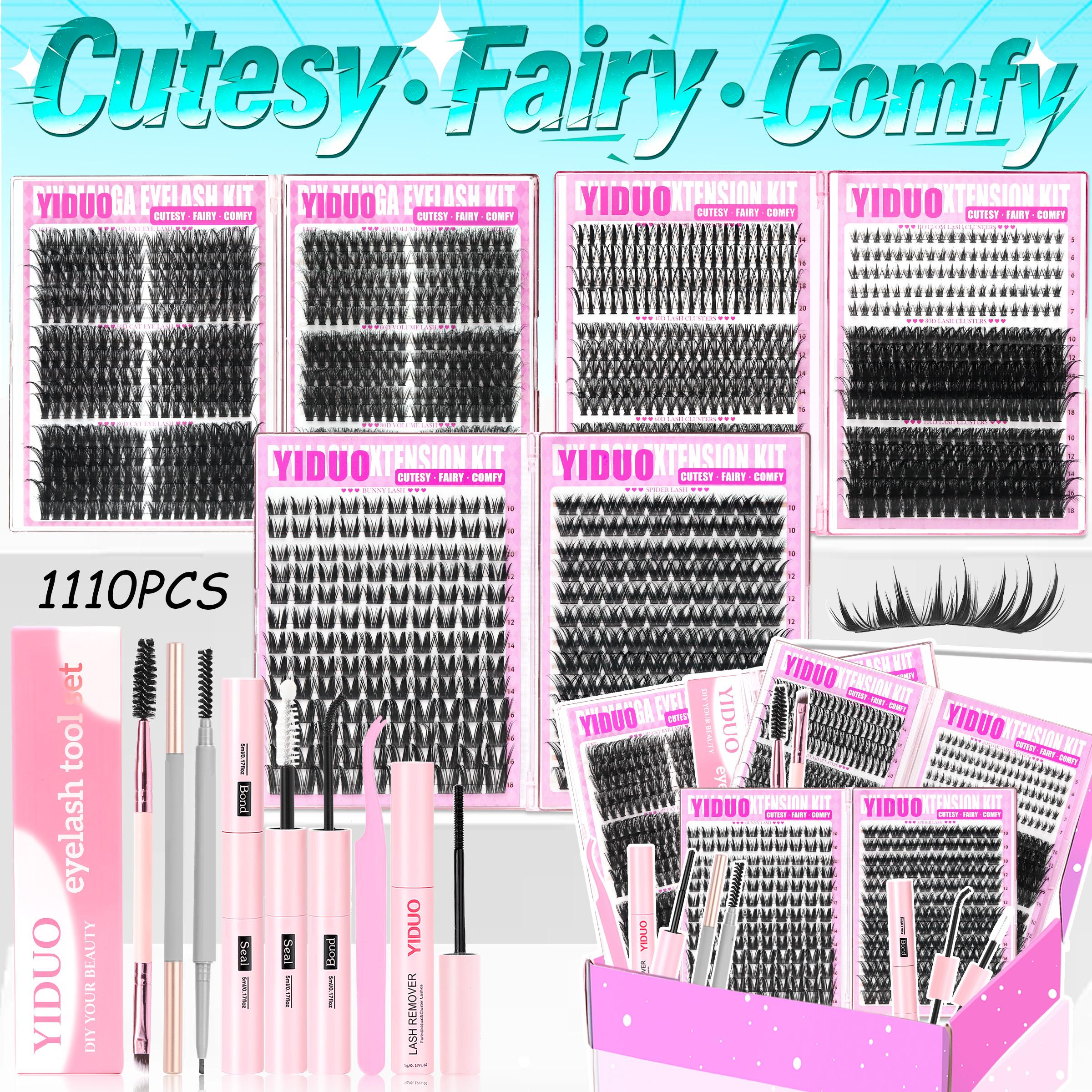 YIDUO 1110pcs DIY Lash Extension Kit, Complete Eyelash Clusters Set with Bond & Seal, Remover, Tweezers & Eyelash Brush, 10-18mm D Curl Manga, Cat Eye and Wispy Volume Lashes (50D, 60D, 80D, 100D) for Home Salon, Includes Lash Tools