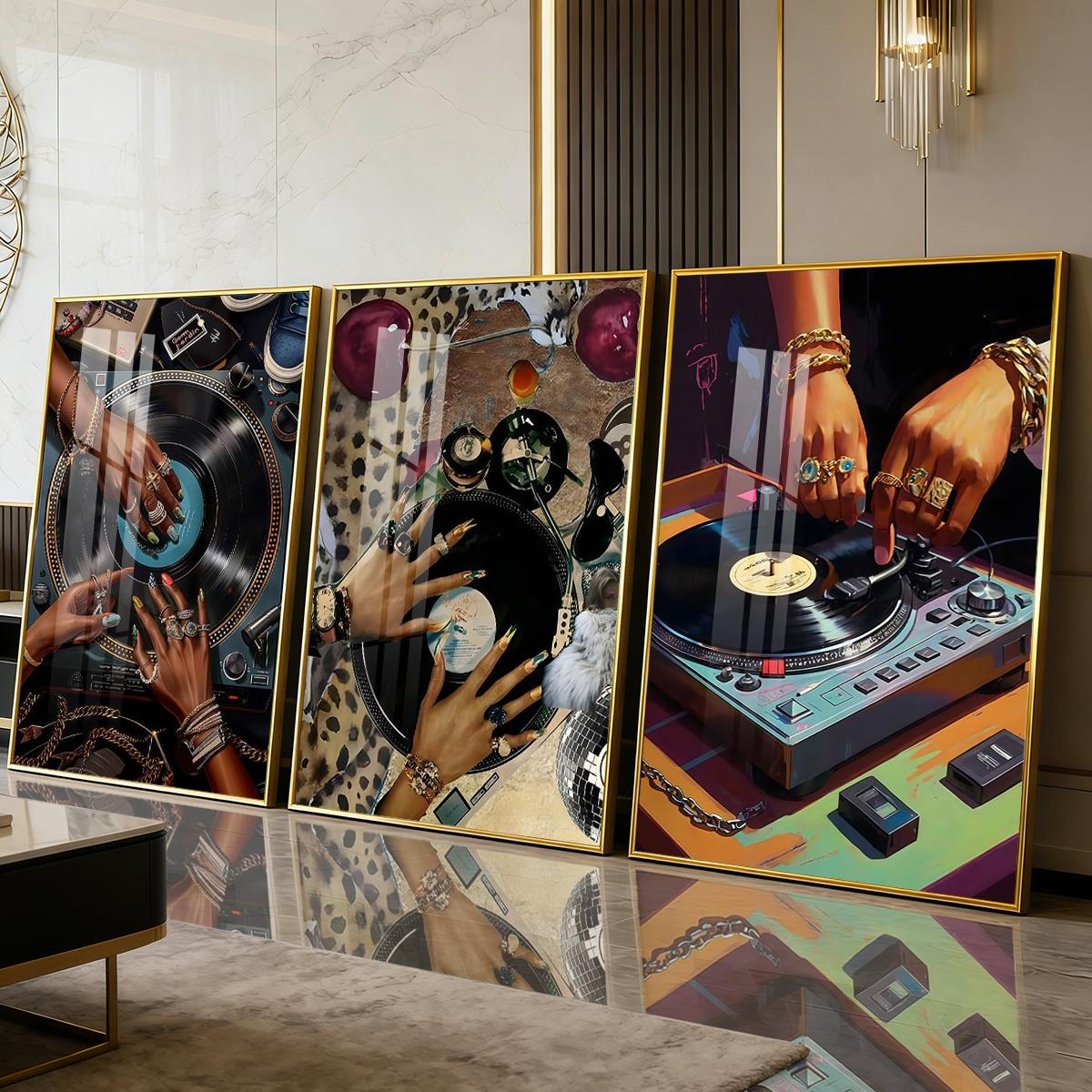 3 Counts Aluminum Alloy Framed Painting, Stylish DJ Vinyl Record Player Art Picture, Home Decoration For Living Room, Bedroom, Office, Restaurant, Hallway Wall Decor, Odorless Print Artwork, Luxury Perfect Gift For Friends And Family