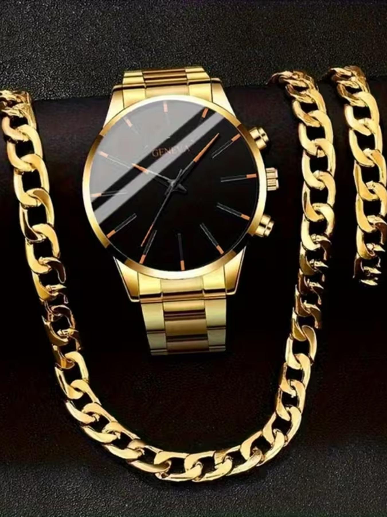 3-Piece Men's Watch and Necklace Bracelet Set - Gold Luxury Quartz Watch with Matching Chain, Casual Simulation Watch,/Father's Day Gift, Affordable Watch Set