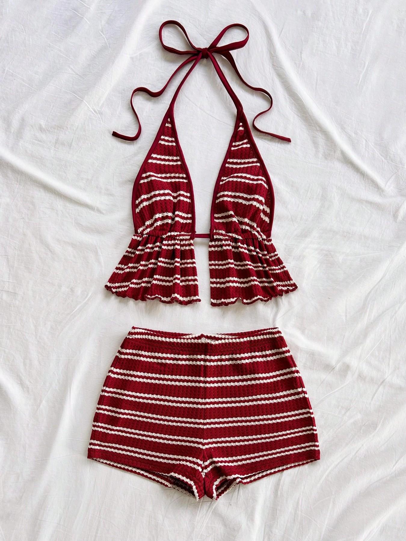Vintage Red Striped Swimwear Set, Flounce Top & High Waist Bottoms For Summer Getaways & Casual Poolside Outings, Swimsuit Sets