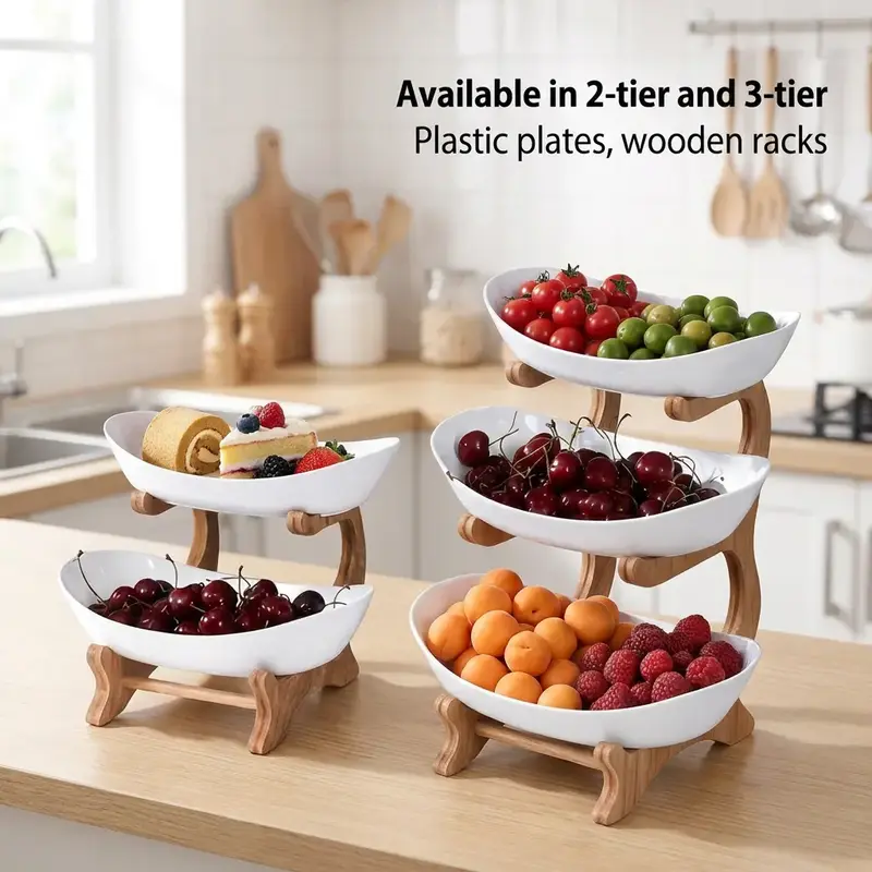 Colorful Fruit Basket Set with Wooden Stand, Plastic Bowls, Cake Stands, Biscuit Plates, Candy Buffet, Dessert Table Display, Perfect for Weddings & Parties