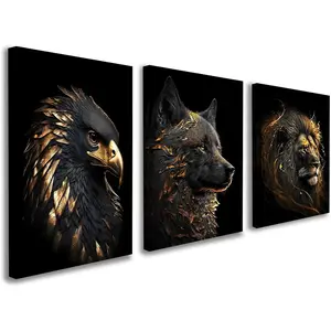 3 Piece Framed Canvas Wall Art, Modern Black and Gold Animal Canvas Wall Decor with Eagle Wolf and Lion, Set of 3 Wall Art for Living Room Bedroom Office Gaming Room, 12x16 Inch