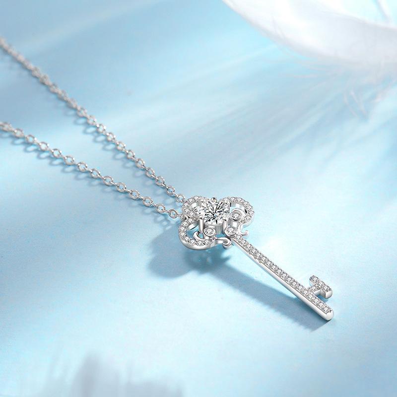 S925 Sterling Silver Women's Fashion Key Pendant Necklace with Zircon Decor, Trendy All-Match Jewelry for Parties and Daily Wear
