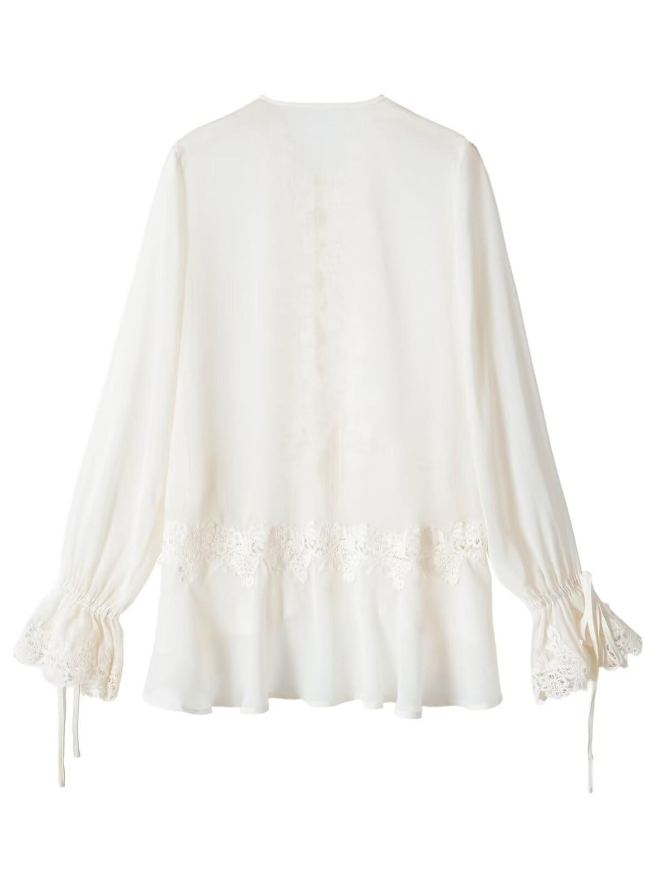 Elegant French Lace Chiffon Loose Top Blouses, Drawstring Ruffle, Deep V Neck, Beach Vacation Overshirt, Floral Embellished, Rice