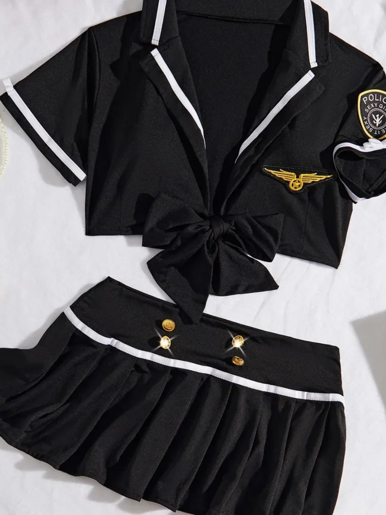 Adult Women's Sexy Police Themed Split Costume, All-Season Slim-Fit Solid Dress Set, Erotic Underwear Top and Skirt Ensemble