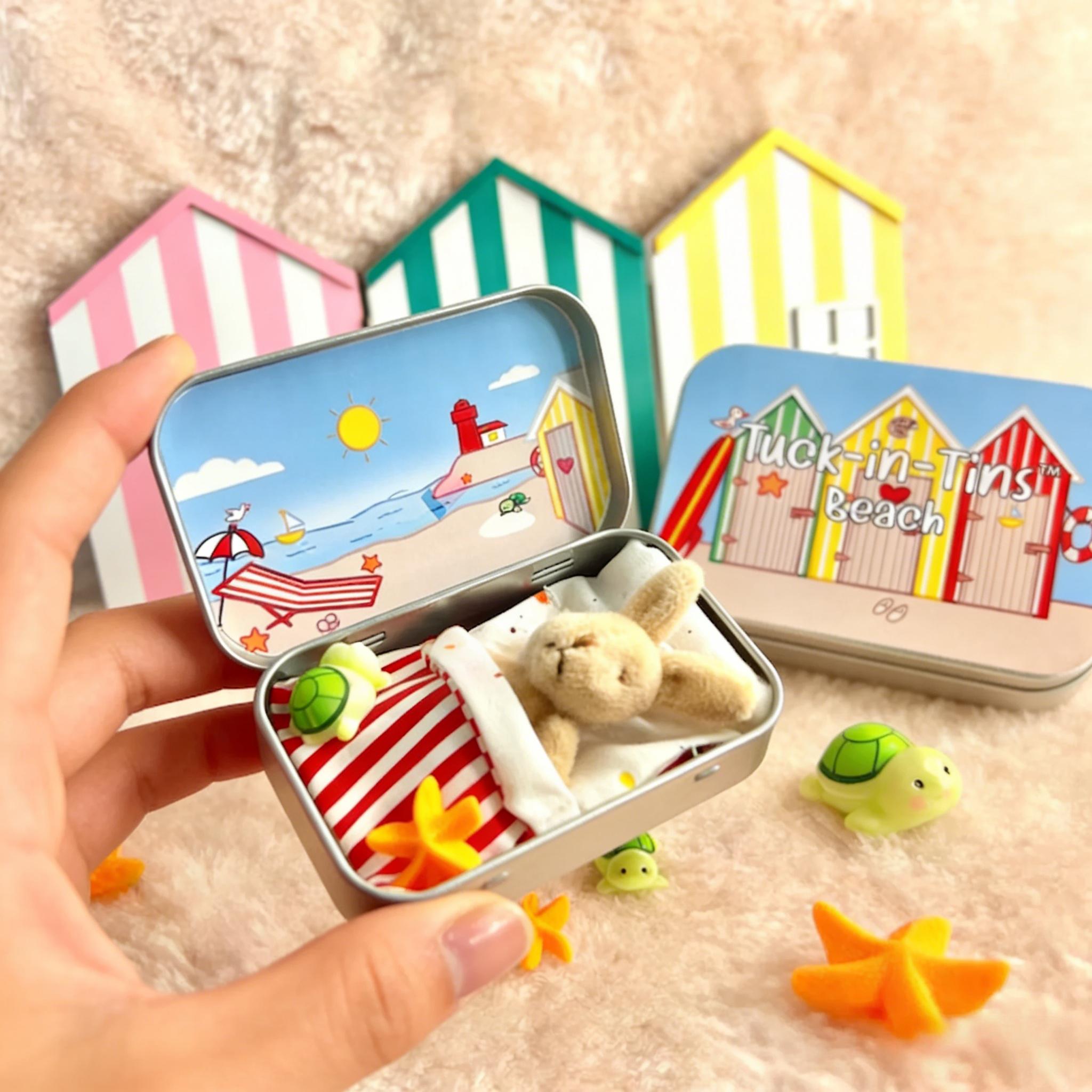 Tuck-in-Tins™, Beach Tuck-in-Tin – Plush Bunny, Starfish & Turtle, Summer Travel Toy