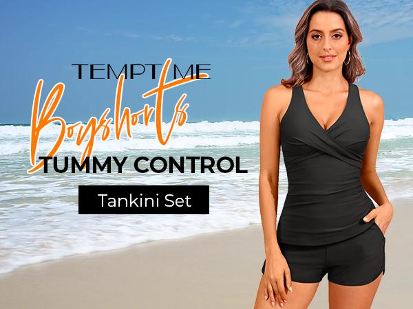 Tempt Me Women Black Tankini Swimsuits with Shorts - Two Piece Tummy Control Bathing Suits Top with Two Pockets Bottom Swimwear