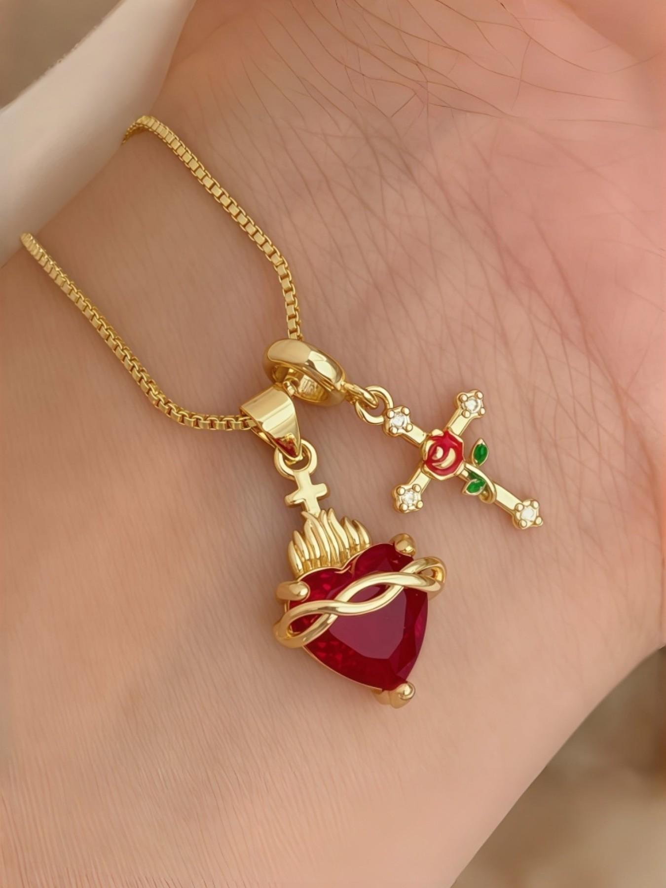 Sacred Heart/rose Cross Pendant Necklace, Women's Fashion Casual Jewelry, Ideal for Daily Wear, Perfect Valentine's Day Gift