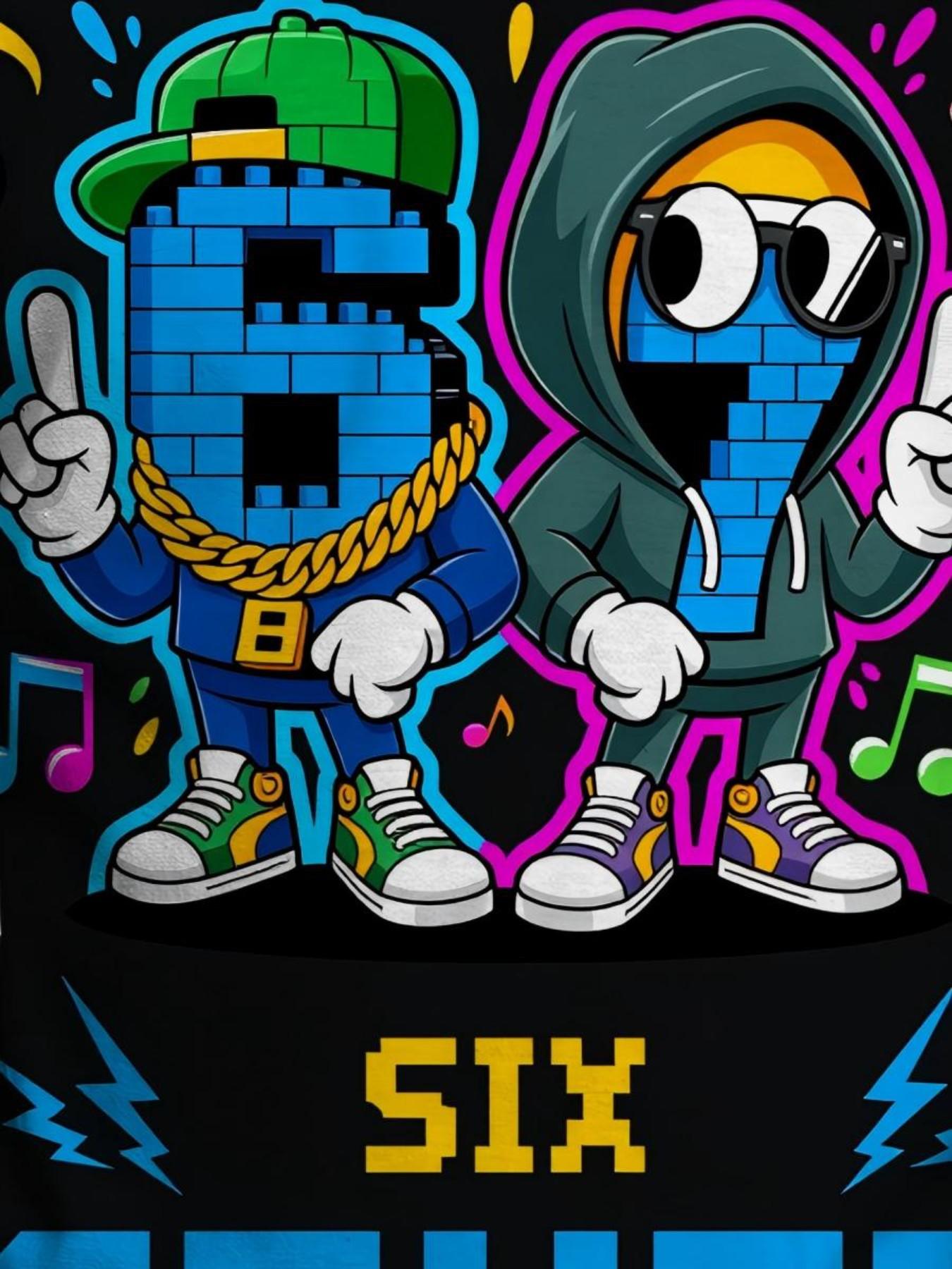 Boy 6th Birthday Hip-Hop Theme T-Shirt, Fun Cartoon Street Dance Pattern, Loose Short Sleeve Round Neck Top