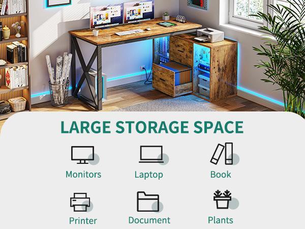DWVO L Shaped Desk with Power Outlets & File Cabinet, 55" Reversible Corner Computer Desk with Drawers & LED Lights, L-Shaped Desk with 4 Glass Open Storage Shelves
