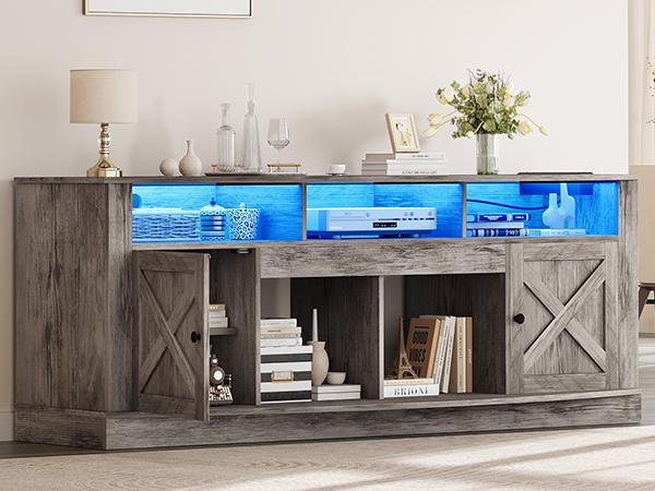 DWVO Farmhouse TV Stand for TVS up to 80 Inch, Entertainment Center with Power Outlet, TV Table with Barn Doors & Storage Cabinets, TV Console for Living Room, 70" Rustic Grey DWVO Farmhouse TV Stand for TVS up to 80 Inch, Entertainment Center with Power Outlet, TV Table with Barn Doors & Storage Cabinets, TV Console for Living Room, 70" Rustic Grey