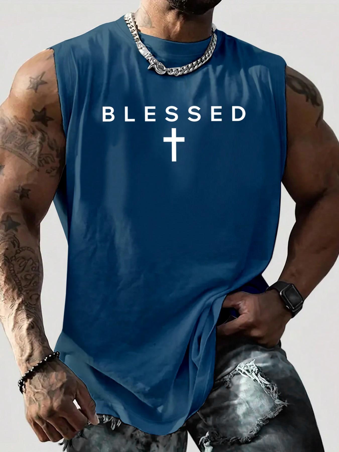 Men's "Blessed" Cross Graphic Sleeveless Tank Top, Christian Religious Style Casual Gym Vest, Streetwear Athletic Top #ChristianApparel #BlessedTee #MensGymWear #SleevelessTank #TikTokMadeMeBuyIt