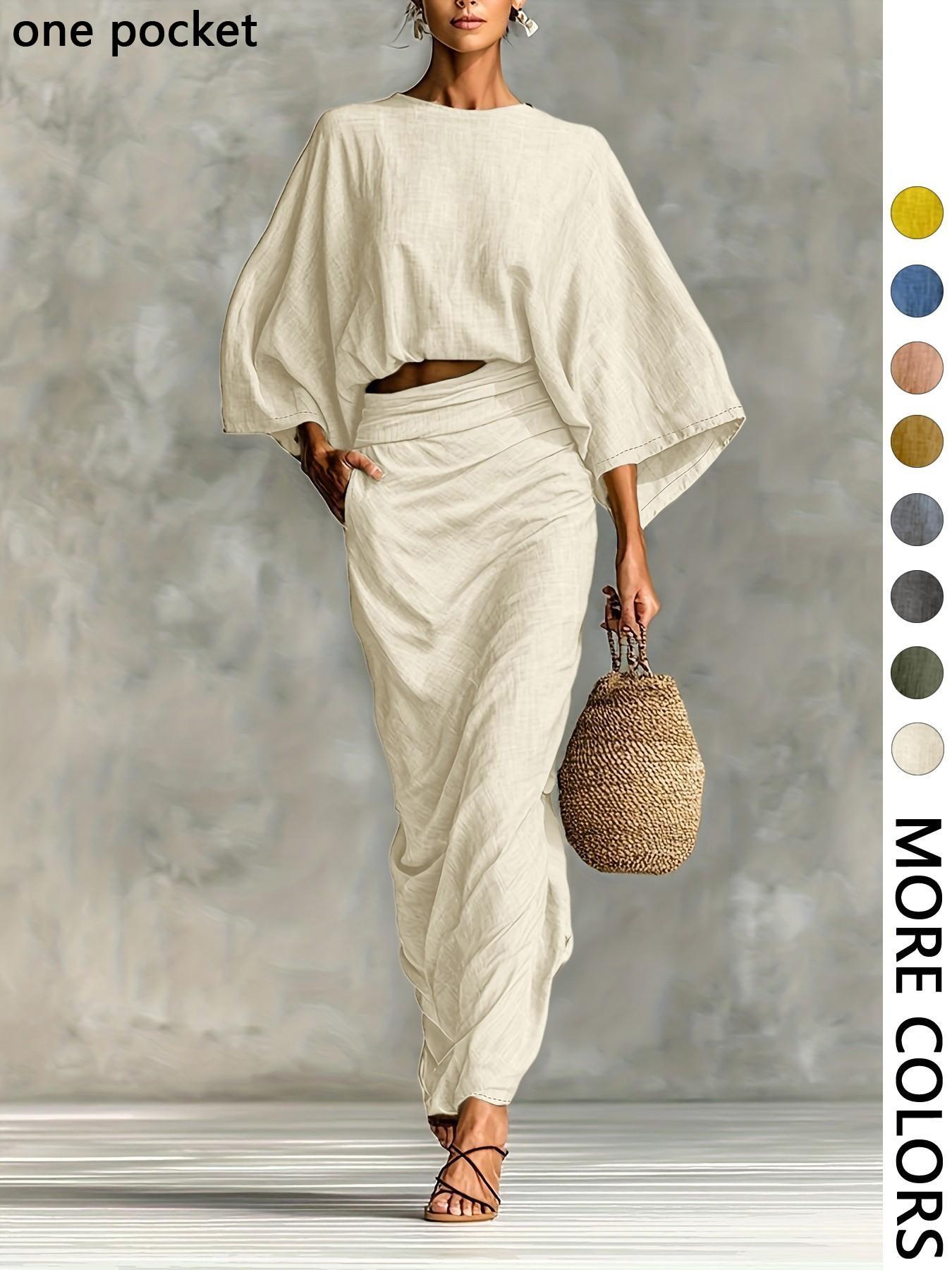 Women's Stylish Loose-Fitting Casual Two-Piece Set, Spring & Fall Comfortable Long Skirt with Waist Definition and Pocket one pocket Women's Stylish Loose-Fitting Casual Two-Piece Set, Spring & Fall Comfortable Long Skirt with Waist Definition and Pocket one pocket