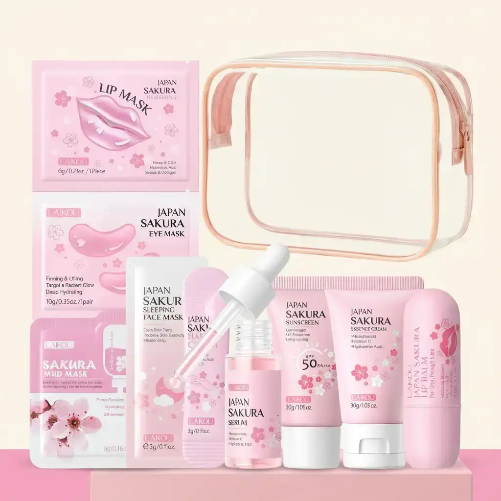 LAIKOU Japan Sakura 9-in-1 Portable Travel Skin Care Set, Hydrating & Moisturizing Kit, Daily Sun Protection and Moisturizer, Facial Care Set, Routine Set #GLOBAL PICKS