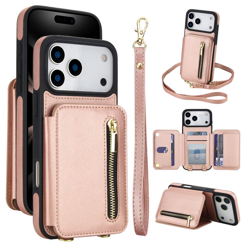 OREKROY Crossbody Wallet Case for iPhone 17 16 15 Pro Max Plus 14 13 12 11 Pro Max PU Leather RFlD Blocking Cash Holder Card Wallet,Flip Stand Protective Cover Crossbody Lanyard Strap Wristband