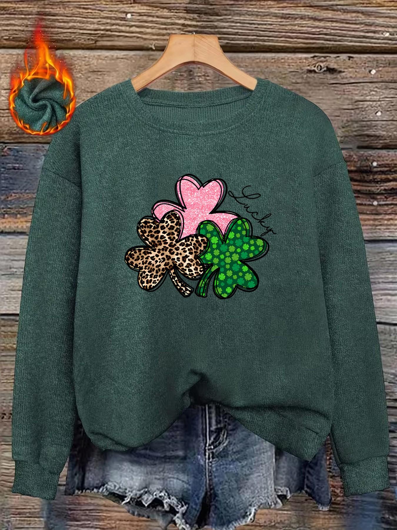 Saint Patrick's Day Fall Winter Women's Fitted Graphic Sweater, Leopard Print Four-Leaf Clover Lucky Pattern, Casual Daily Wear
