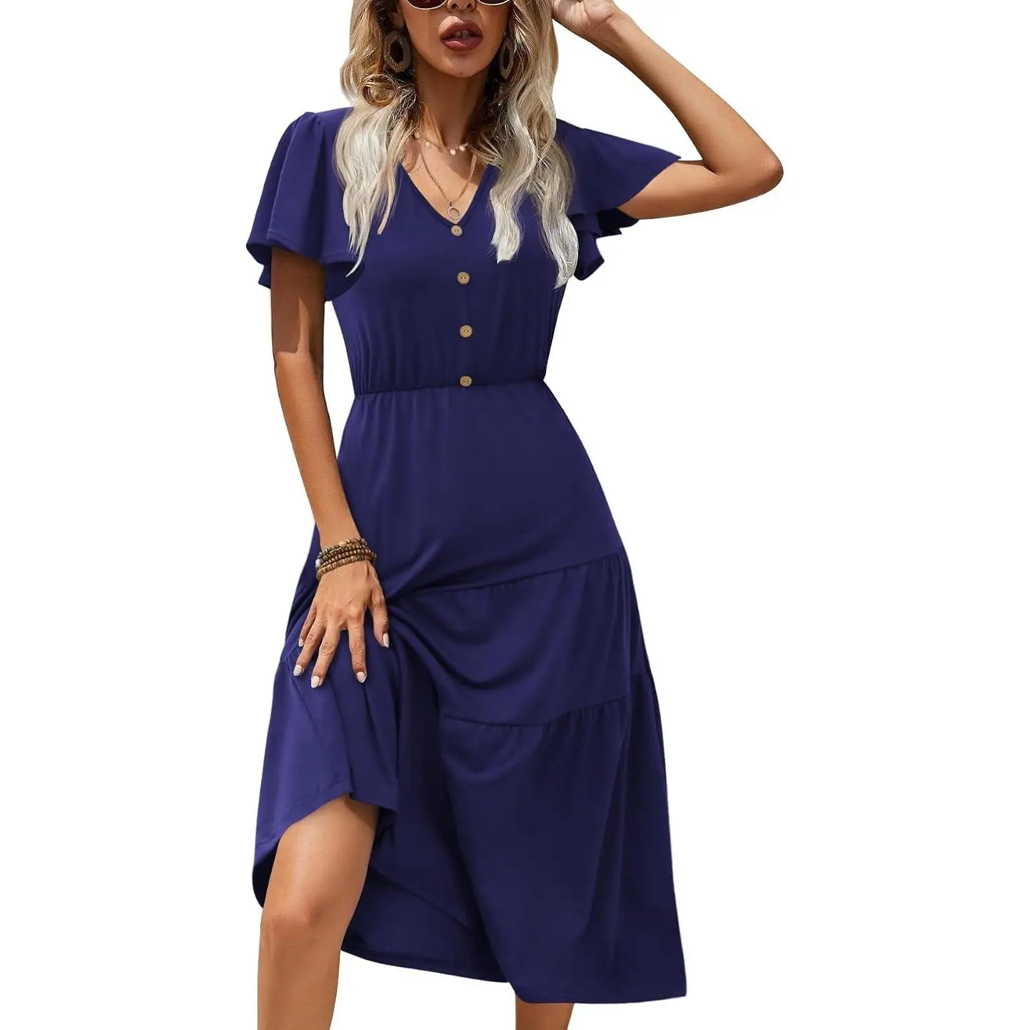 Women's Summer Casual Flutter Short Sleeve V Neck Button Down Tiered Flowy Long Dress with Pockets(Gift)