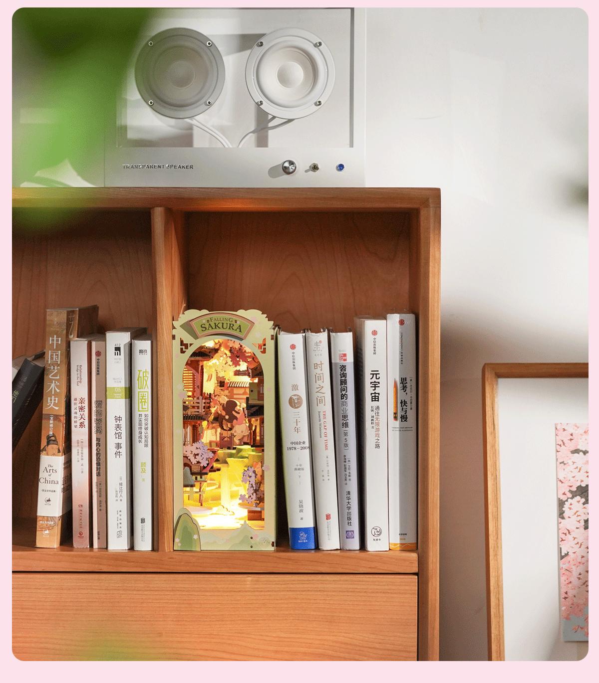 Robotime Rolife Book Nook Kits for Adults,3D Wooden Puzzle Bookshelf Decor Insert Alley DIY Miniature Booknook Model Craft Kits for Adults Gifts with LED on Birthday Christmas TGB05 Falling Sakura