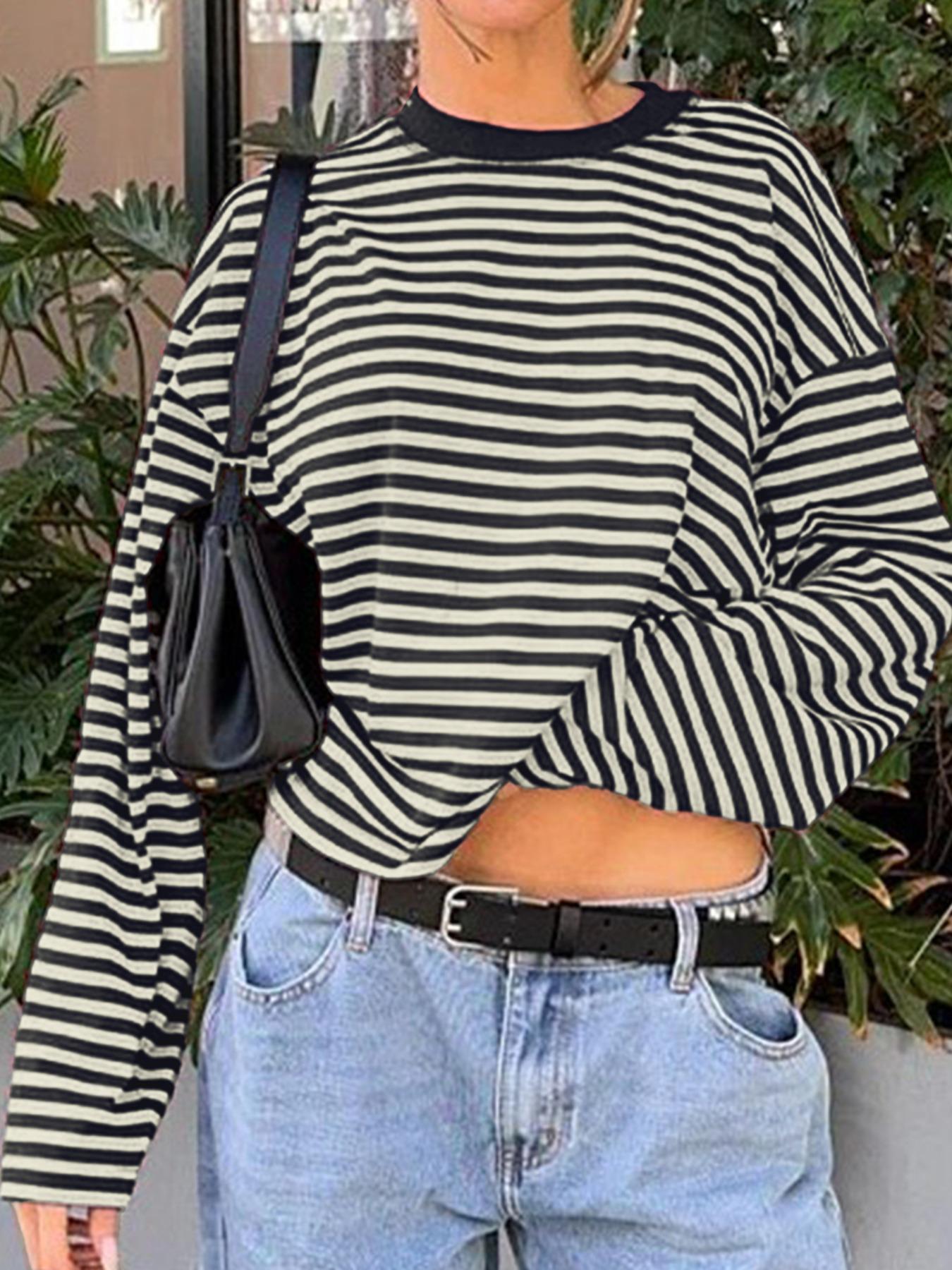 Women's Casual Loose-Fit Striped Long Sleeve Oversized Top, Trendy Street Style Round Neck Pullover Womenswear