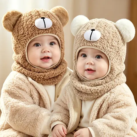 Cute Bear Balaclava Hood Thick Plush Warm Neck Integrated Ear Protection Hat Soft Fuzzy Full Face Cover Hat For Outdoor Cycling Snow Activities Daily Wear