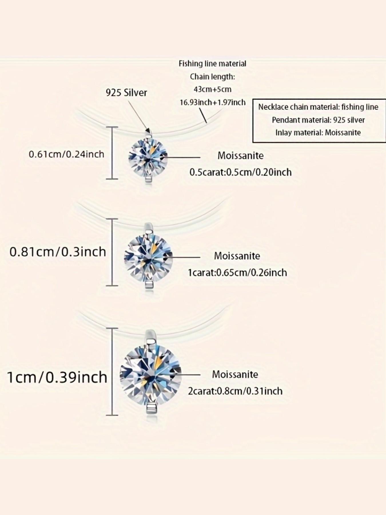 925 Silver Moissanite Pendant Necklace, 0.5-2 Carat, Simple Fish Line Design, Perfect for Weddings, Holidays, Birthdays, Gifts