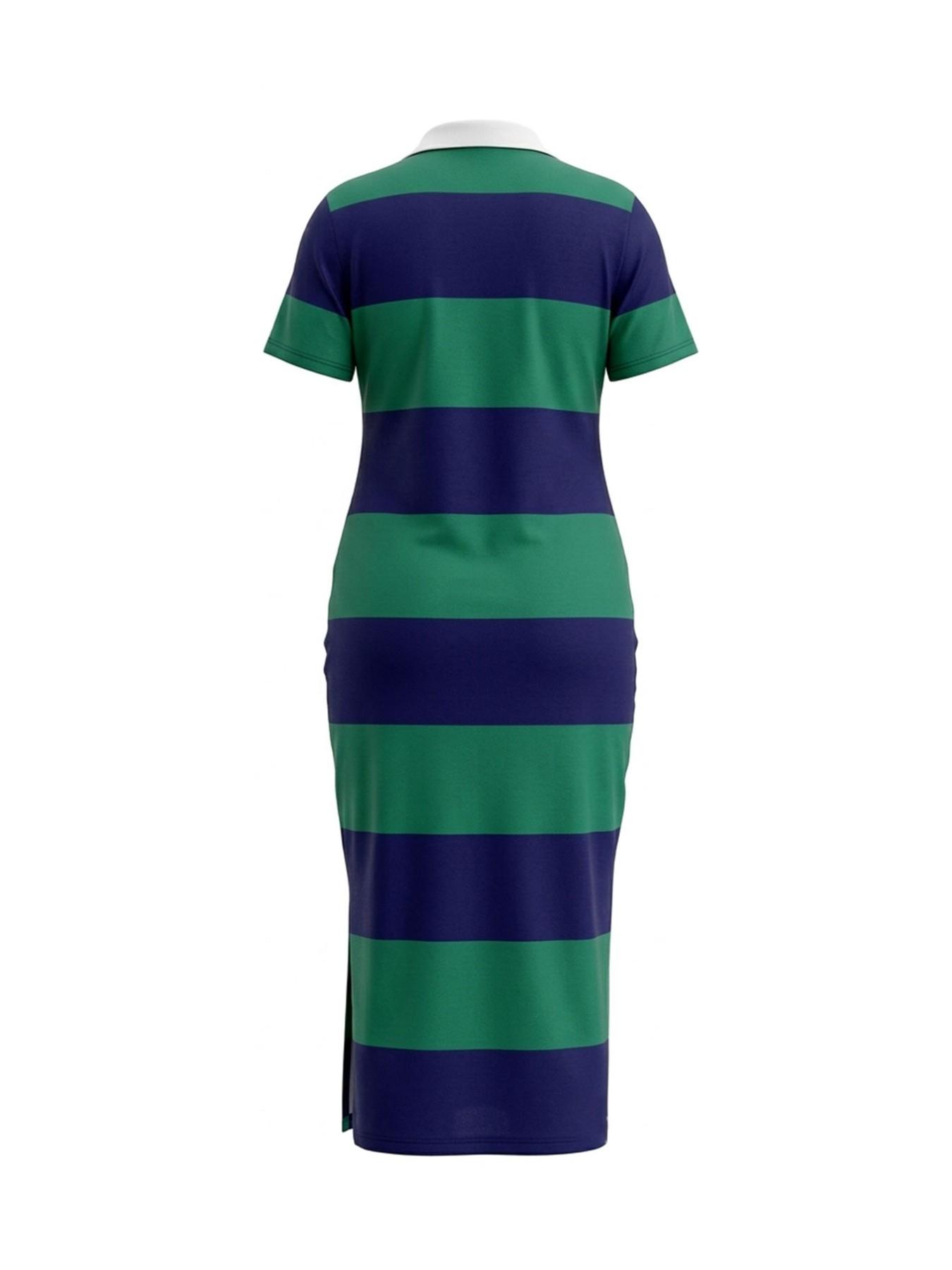 Plus Size Women's Striped Polo Neck Bodycon Dress, Casual Slim-Fit Short Sleeve Side Slit Midi Dress for Daily Wear