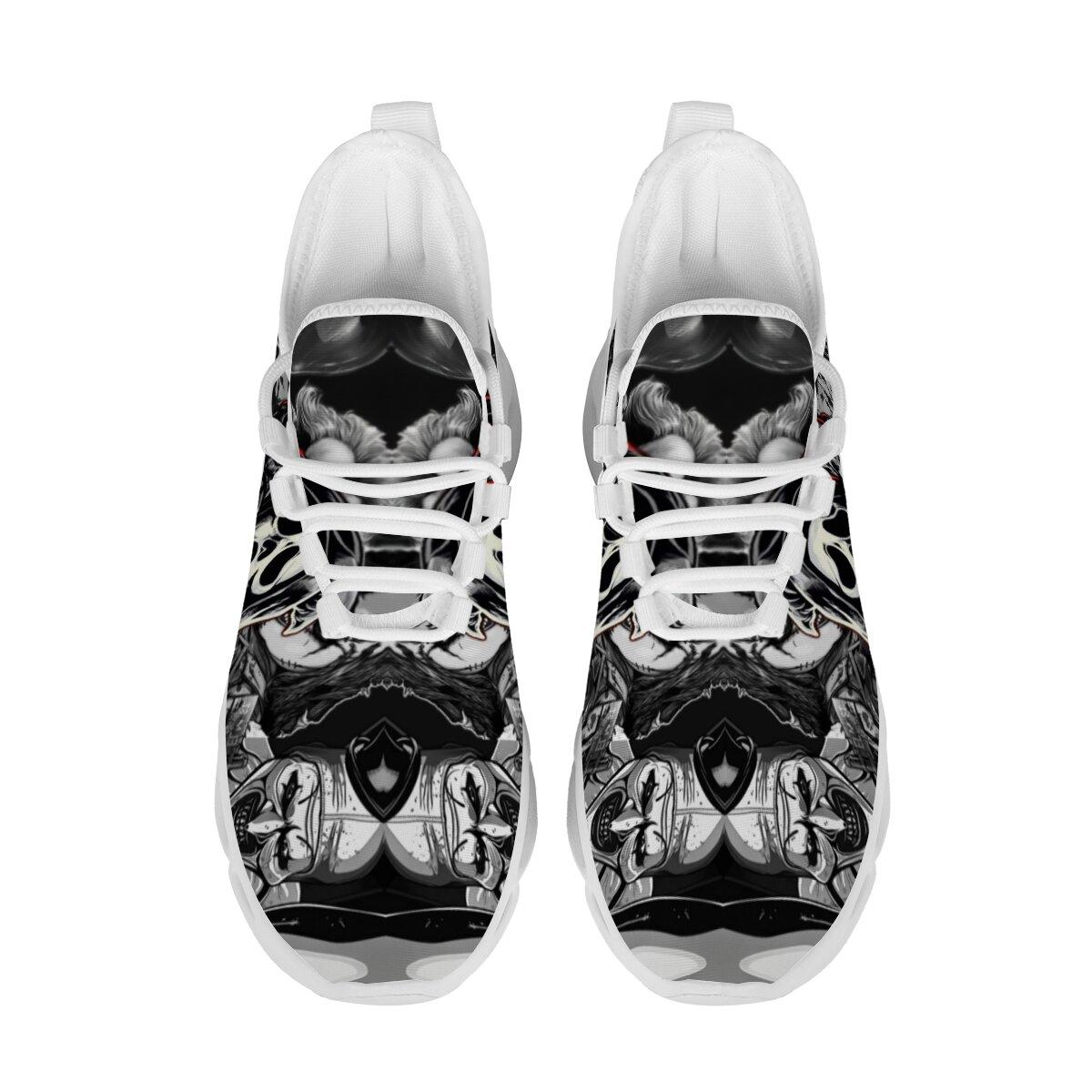 Halloween Dark Horror Mask Character Art Blade Sneakers Man Woman Hollow Wave Cushion Sole Mesh Running Shoes Monochrome Thriller Figure Collage Print Gothic Halloween Punk Casual Athletic Trainers For Men Women