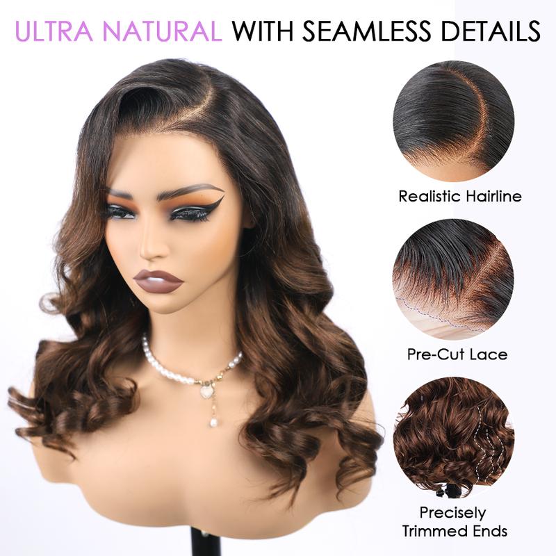 Pizazz Hair Balayage T1b/4 Ombre Colored Body Wave Wig 280% Density Side Part Layer Cut Lace Wig 8x5 Glueless Wigs Body Wave Pre Cut /Pre Bleached /Pre Plucked
