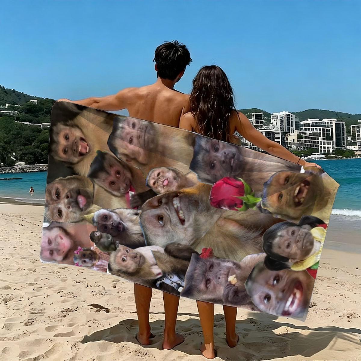 Funny Monkey Patch Beach Towel, High Weight Quick-Dry Fabric, Soft Skin-Friendly, Absorbent and Fast Drying, Reusable Gift for Memes Fans