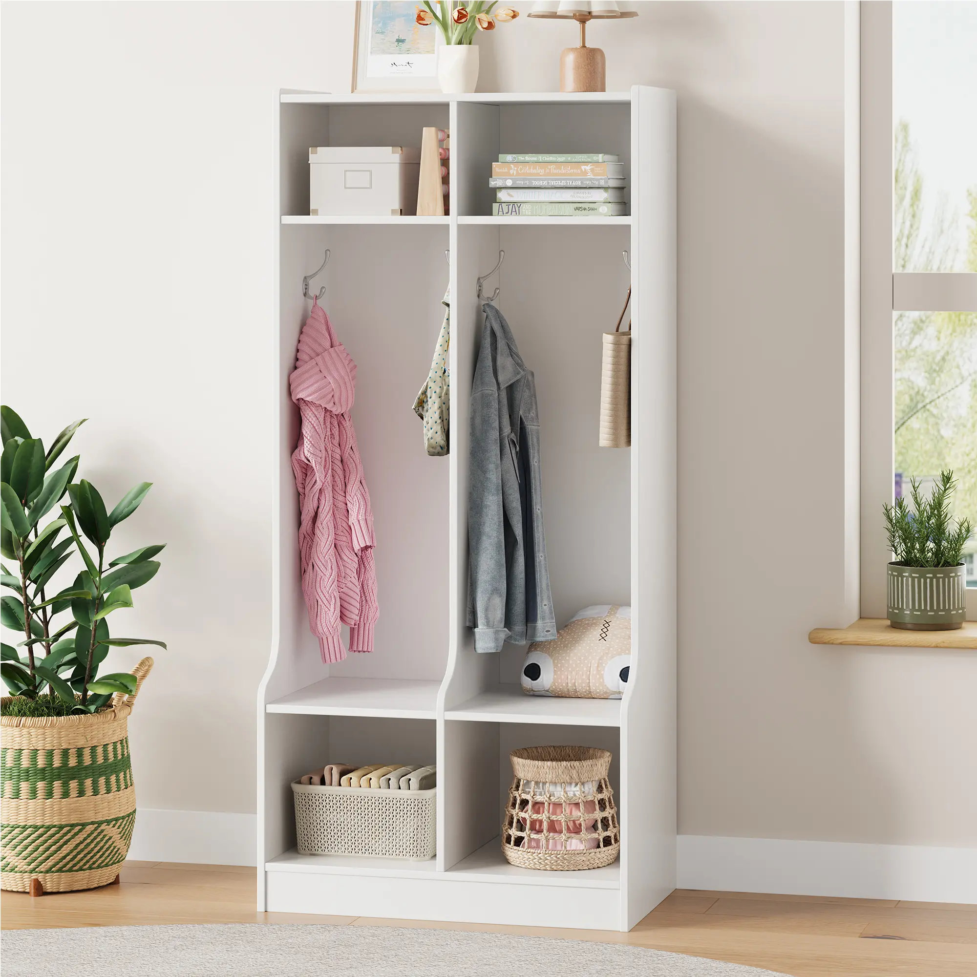 Gaomon Kids Wooden Coat Locker Furniture - 2-Section, 4 Storage Cubbies, 4 Hooks, Tip-Resistant Closets Wardrobe Organizer for Home, Nursery - White or Natural Finish