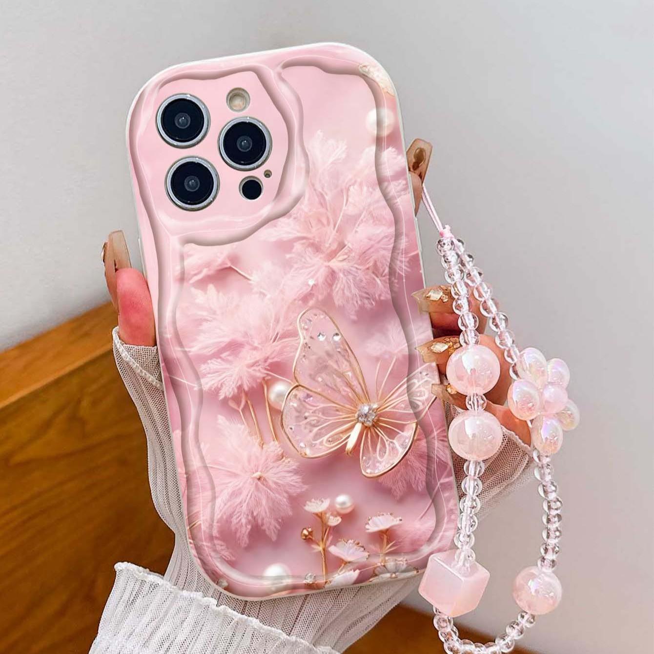 Butterfly Pearl Strap Pattern Tpu Wave Edge Anti-Drop Phone Case for Apple iPhone 17 Pro Max/16/16 Pro Max/11/13/14/15, Girl's Festival Gift