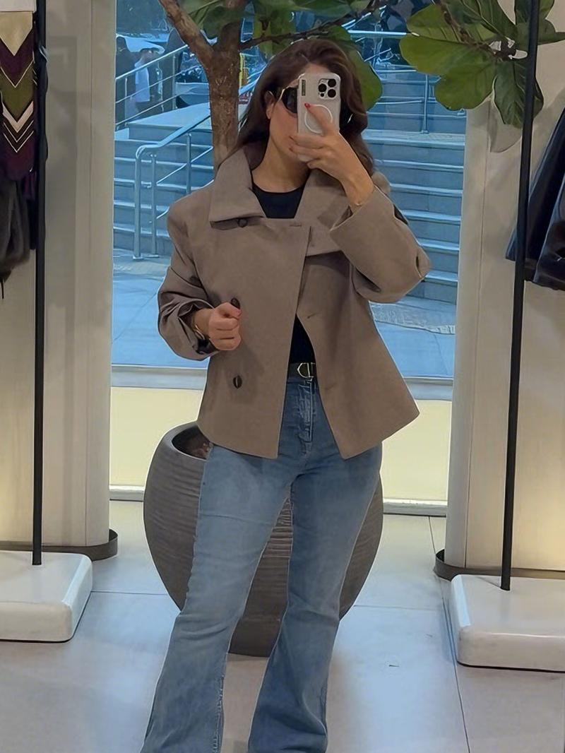 Women's Autumn Winter Stand Collar Wool Blend Jacket, Pure Color Fashion Outerwear, Asymmetrical Button Closure, Casual Lapel Sleeve Coat