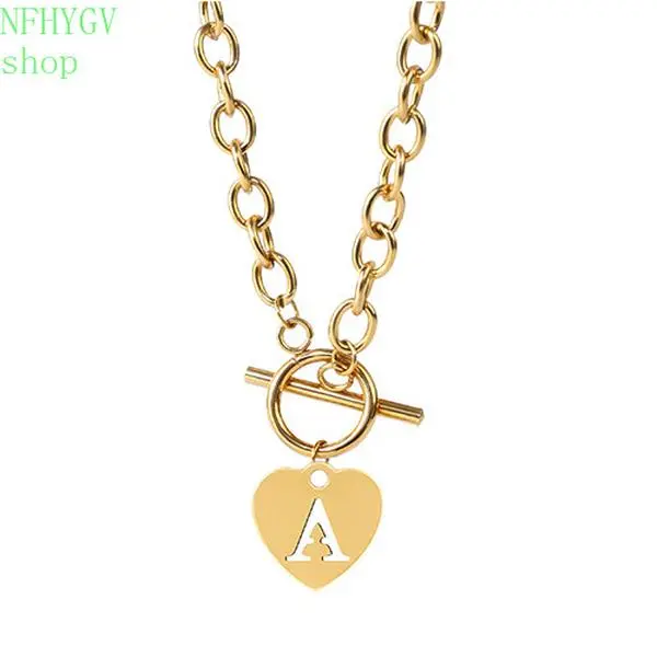 14K Gold Plated Chunky Chain Initial Necklace for Women, Heart Letter A Pendant with OT Toggle Clasp, Stainless Steel Personalized Choker Jewelry for Daily Streetwear, Birthdays & Anniversaries