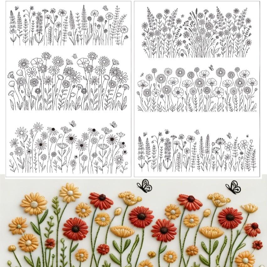 4 Sheets Preprinted Flower Embroidery Pattern Paper,Self-Adhesive Water Soluble Stabilizer Kit with Floral, Botanical & Alphabet Designs, Complete with Embroidery Floss & Needles for DIY Handmade Craft Supplies