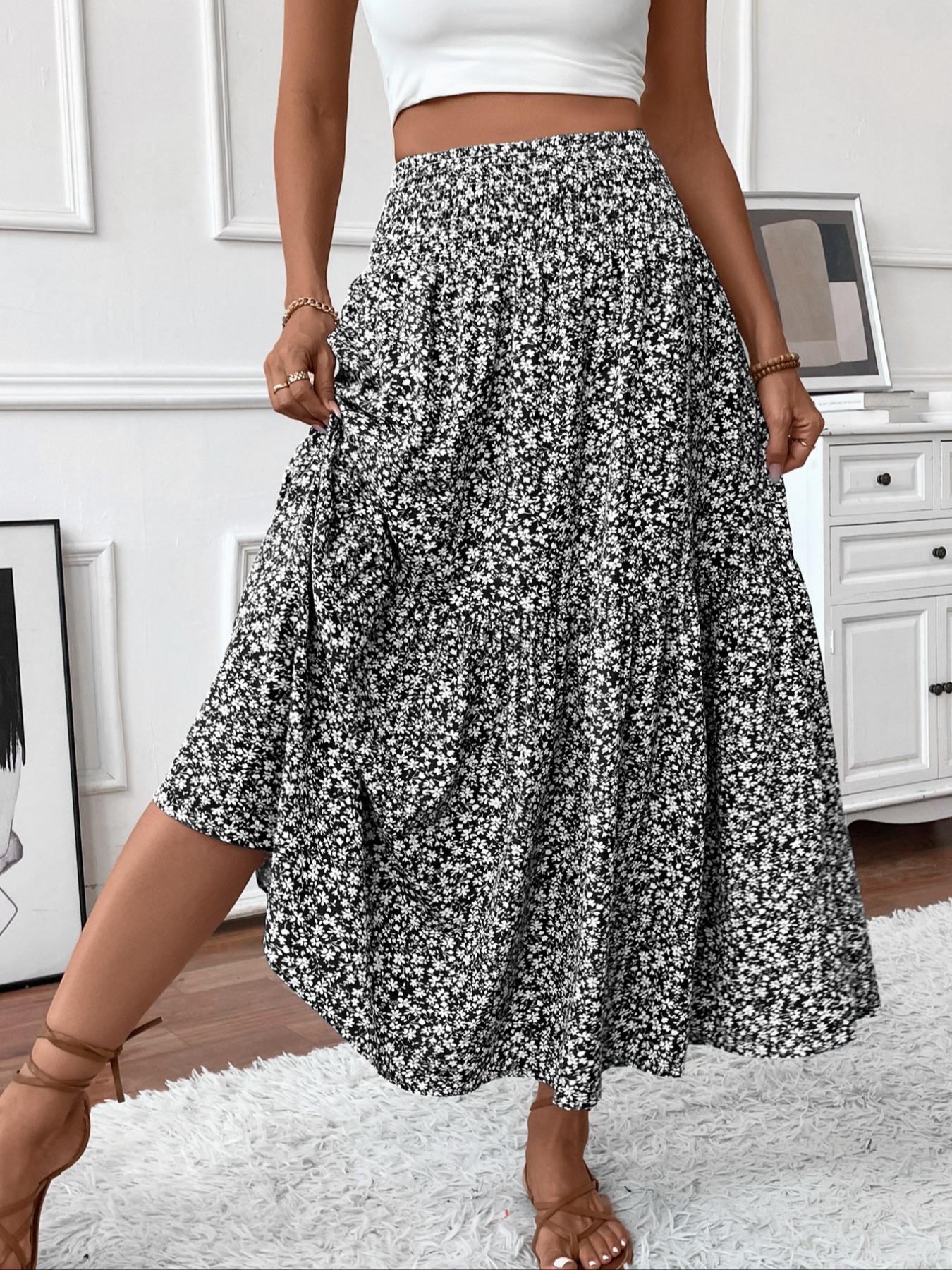 Women's Floral Chic Casual A-Line Ruffled Skirt, Elastic Waist Pockets, Leaf Hem, Long Fitted Skirt, Fashionable Mid-Length Dress