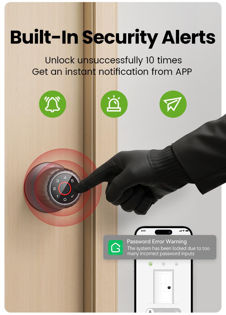 GHome Smart 4-in-1 Keyless Entry Door Knob with Biometric Fingerprint, Keypad, App and Bluetooth Control, Rechargeable Battery with Removable Charging Design for Home, Bedroom, and Apartment