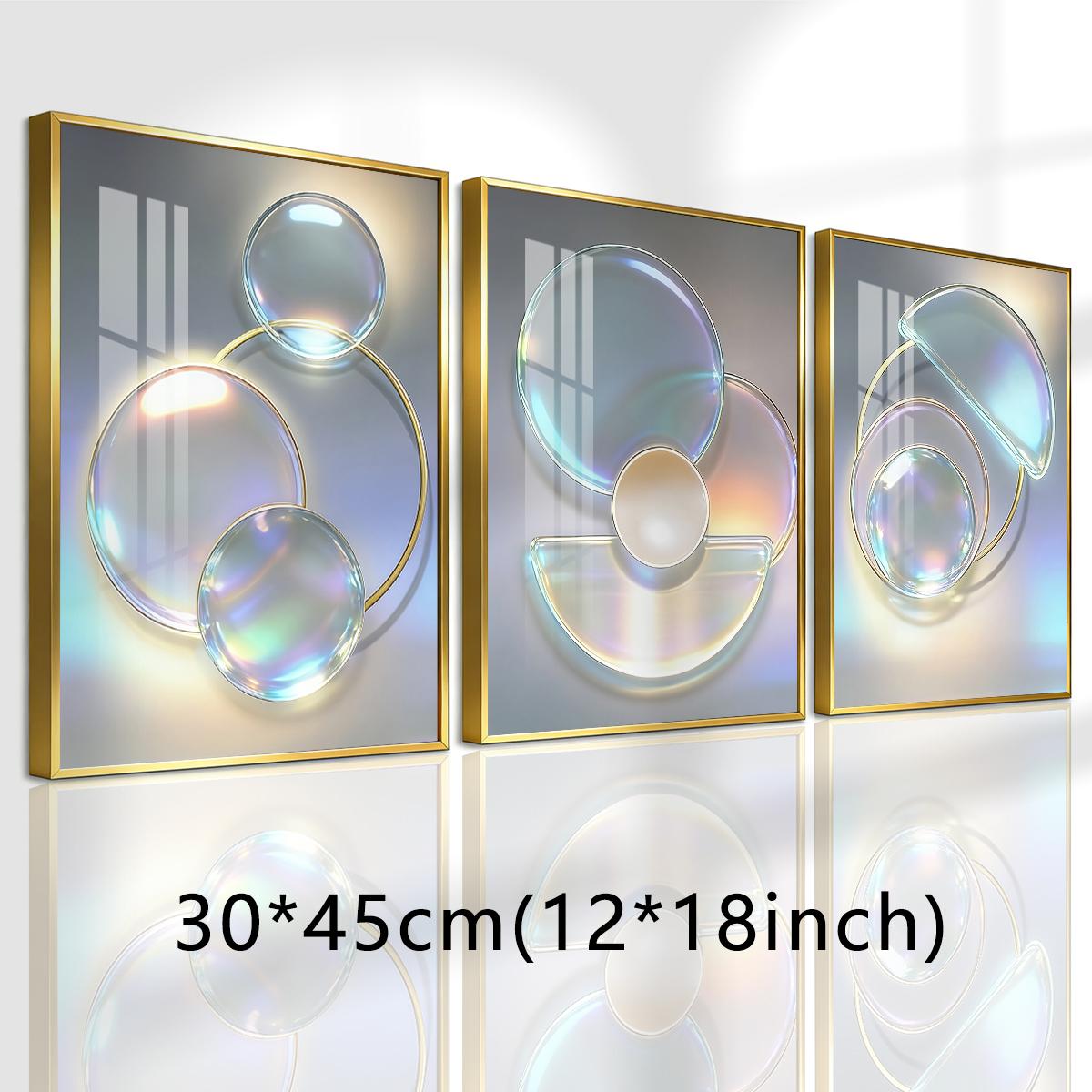 3 Counts Aluminum Alloy Framed Painting, Abstract Iridescent Glass Circles Design, Home Decoration For Living Room, Bedroom, Office, Restaurant, Hallway Wall Decor, Odorless Print Artwork, Luxury Perfect Gift For Friends And Family