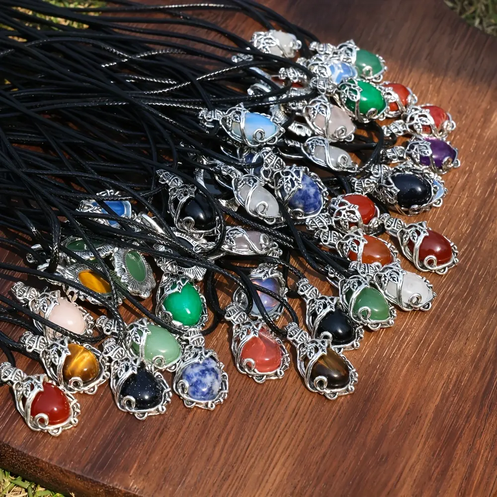 10Pcs Exquisite Colorful Stone Water Drop Shaped Pendant Set with Adjustable Black Necklace, Keychain, Lanyard, Bracelet, Earrings, And Craft Kit - 10pcs Pendants + 10pcs Chains for Easy Mixing And DIY Jewelry Making