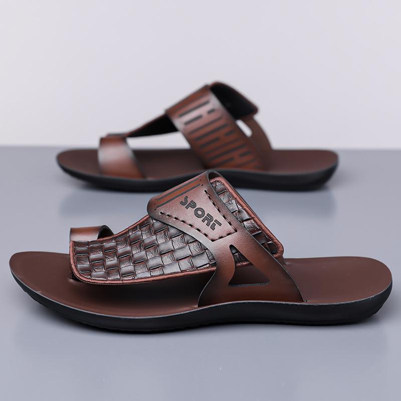 Men's Summer New Sandals, Letter Print Straw Texture, Trendy Anti-Slip Thin Sole, Casual Beach Shoes, Fashionable and Comfortable