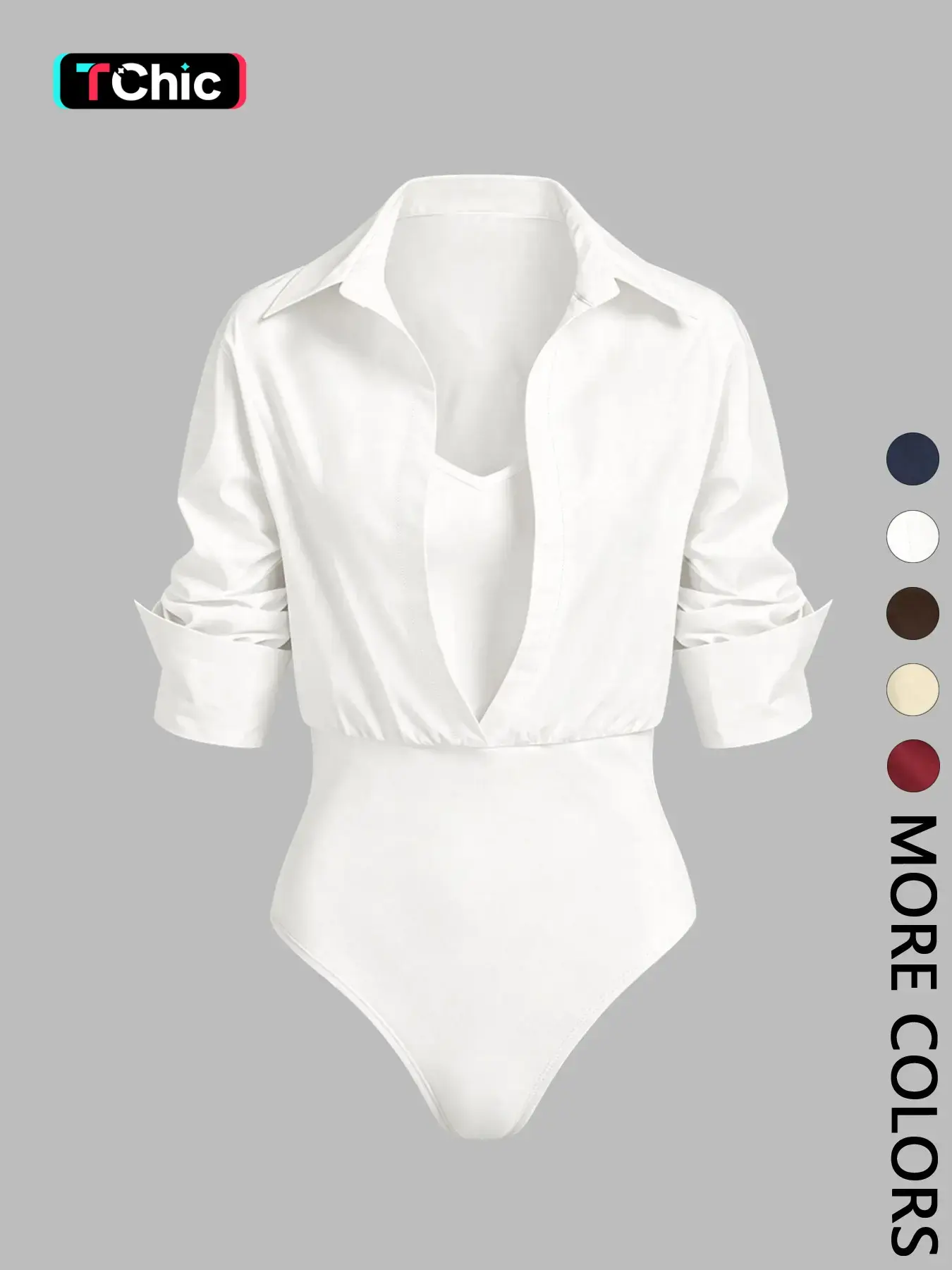 Women Collared Deep V Neck Shirt Bodysuit, Long Sleeve Turn Down Collar Wrap Front Bodysuit Top, Elegant Slim Fit Layer Look Blouse Bodysuit, Versatile Daily Commute Office Outfit