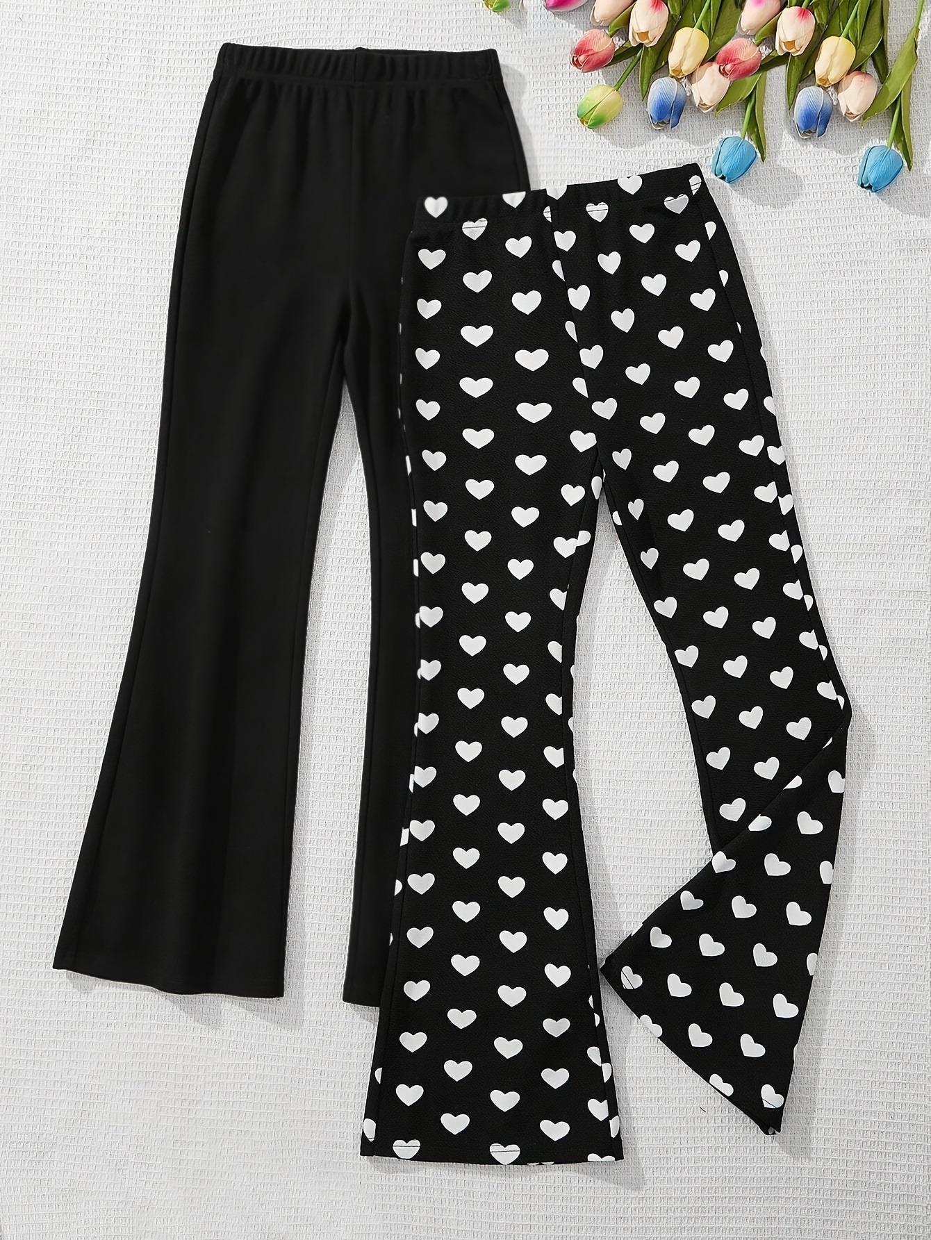 Girls 2-Pack Flared Pants Set – Solid Black & White Heart Print Elastic Waist Bell Bottoms for Kids
