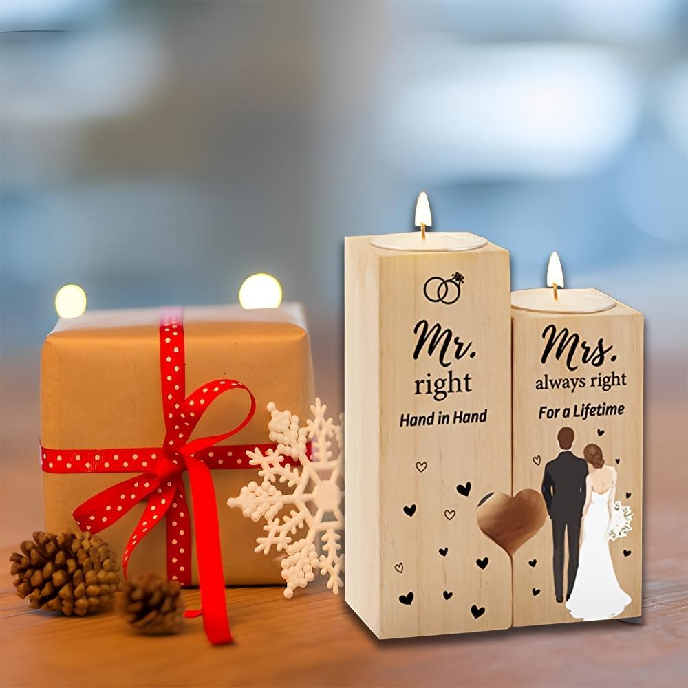 Pair of Wooden  Holders, Wedding Gift Set – Unlit  Holder with "Mr & Mrs" Design and Hand-in-Hand Heart Pattern, Ideal for Bridal Shower, Engagement or New Couple Gifts ( Not Included) unique collectible organizer candle rotary Style natural cake box