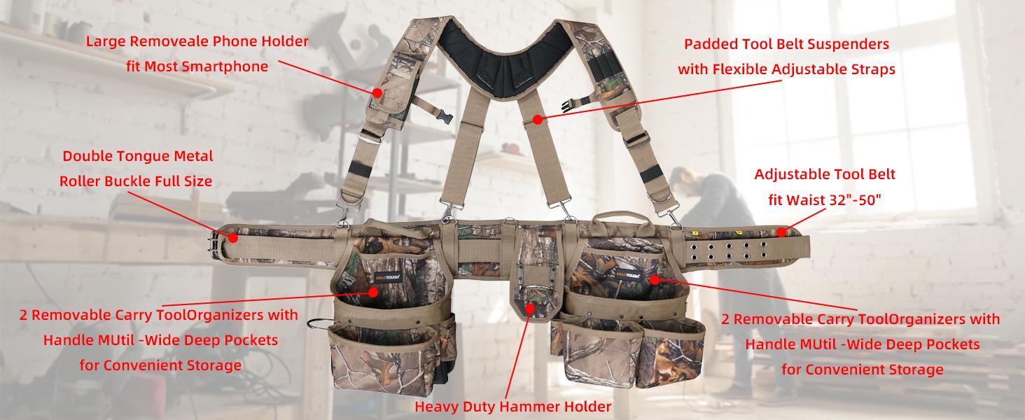 MELOTOUGH Camo Tool Belt with Suspenders Camouflage Tool Bag Supenders Framers Comb Apron Tool Belt Construction Tool Pouch Suspenders Heavy Duty Carpenter Suspension Rig for Electrician