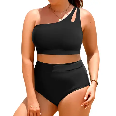 Tempt Me Womens Plus Size High Waisted Bikini Two Piece One Shoulder Swimsuit Keyhole Bathing Suits