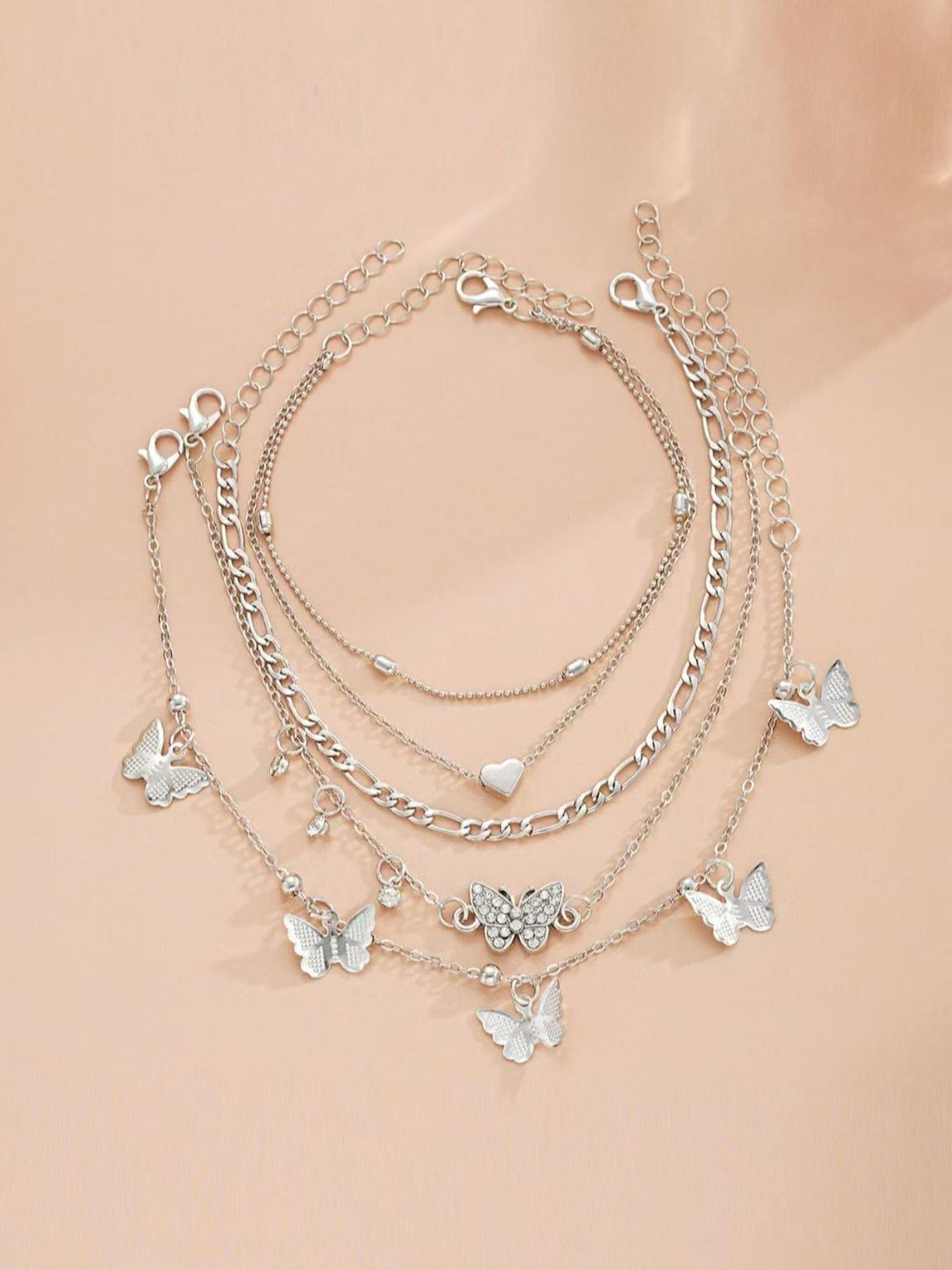 Set of 4 Boho Anklets for Women, Wearable Jewelry, Jewelry, Jewelry Accessories, Multi-Layer Beaded Anklet Set with Butterfly & Heart Designs, Embellished with Synthetic Diamonds, For Summer Holidays, Beach Parties & Bikini Outfits, Foot Jewelry