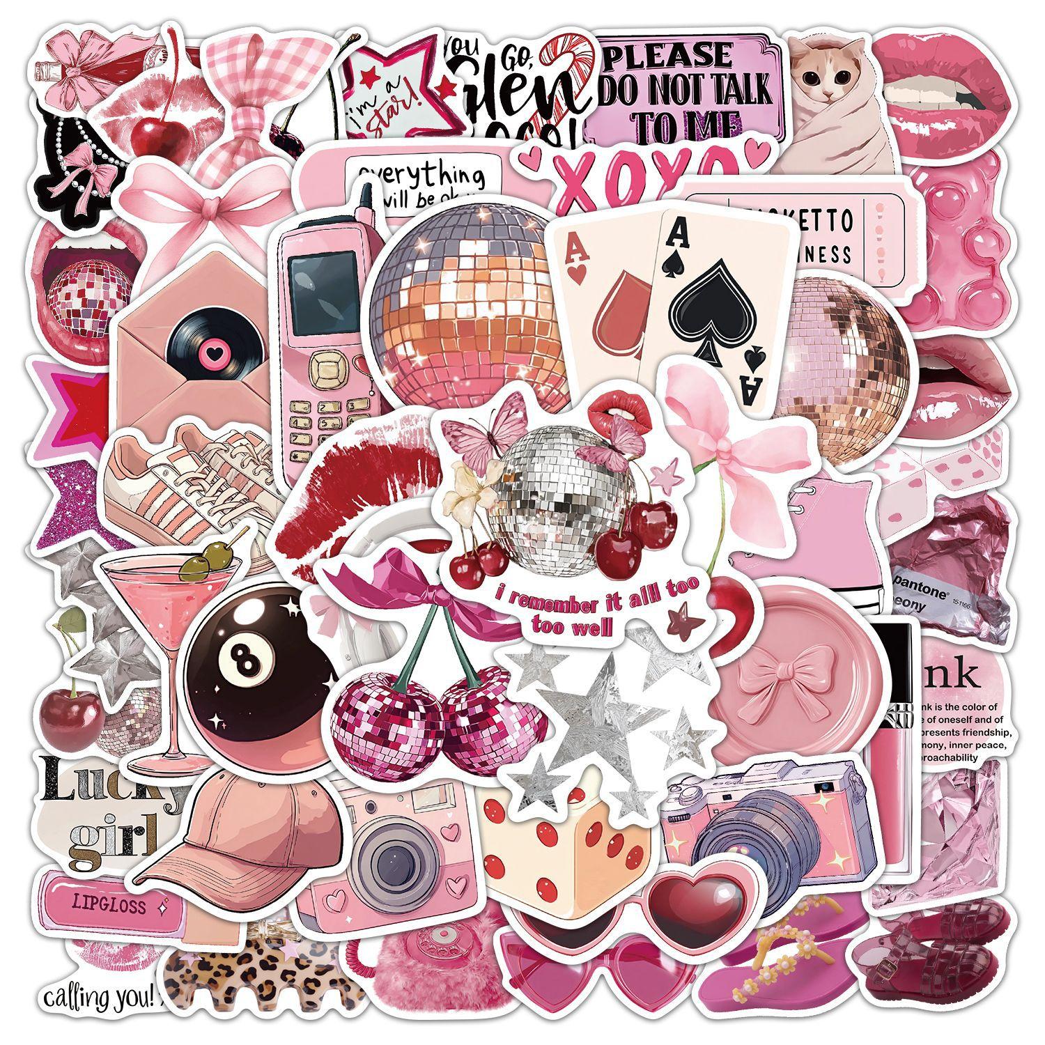 55pcs Pink Cartoon Stickers, Suitable for Scrapbooks, Diaries, Laptops, Water Bottles, Cars, Etc. A Gift with A Positive Message and Based on Beliefs.
