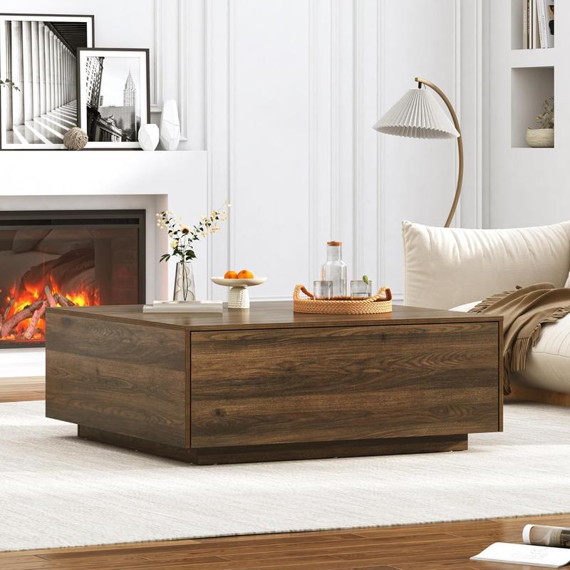 Square Coffee Table with Storage, Modern Large Square Center Table with 2 Drawers, Wood Coffee Table for Living Room, Walnut/Light Brown