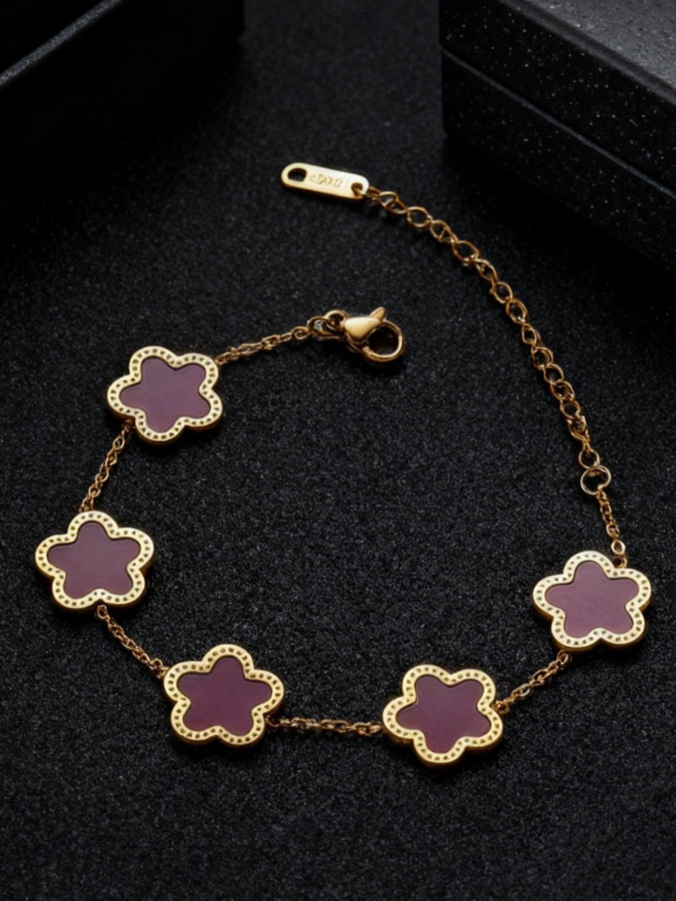 Stainless Steel Laser Five-Leaf Petal Adjustable Clover Bracelet, Classic Women Girls Brand Jewelry Party Gift