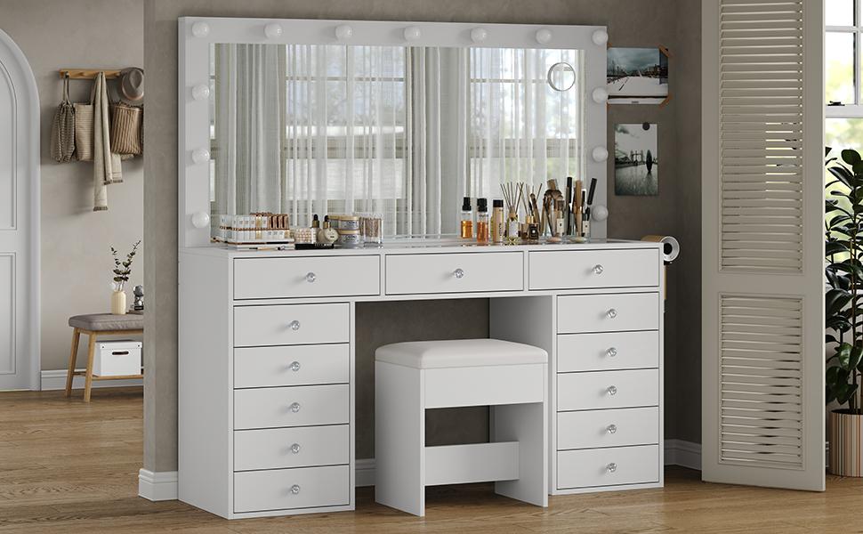 FUSOU 55"W 13 Drawers Vanity Desk, Makeup Vanity with Power Outlet, Vanity Table with Mirror and 13 LED Bulbs, 3 Color Lighting Modes, Glass Top, Dressing Table for Bedroom